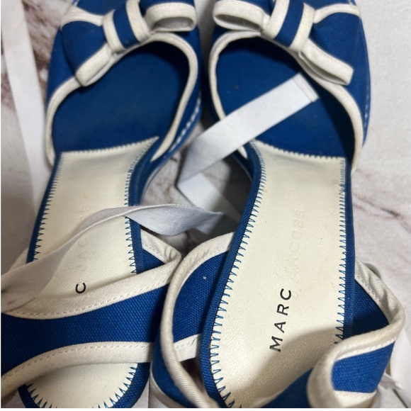MARC JACOB Blue White High Heels Ankle Strap 8.5 Wedding Evening Bow Tie - Picture 8 of 10